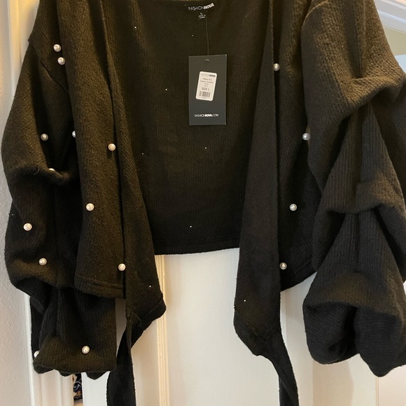 New Sz L Black Wrap sweater with Faux pearls ruched sleeves - Picture 4 of 6